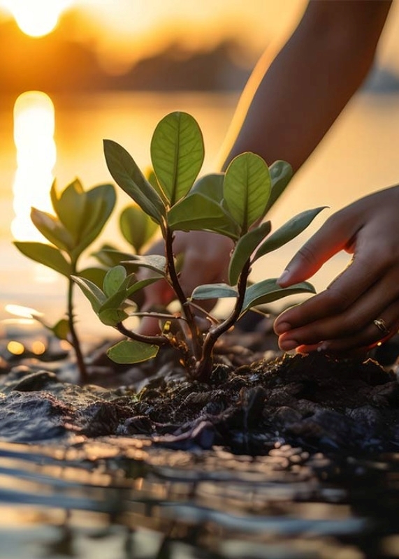 Close up of hands touching a plant emerging from a body of water.