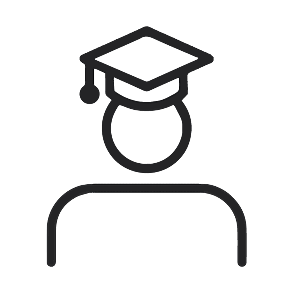 Black outline drawing of a person with a graduation cap