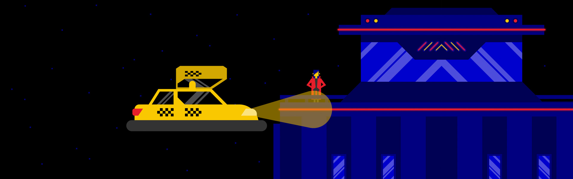8-bit computer graphics of futuristic city-scape with a flying taxi in the foreground