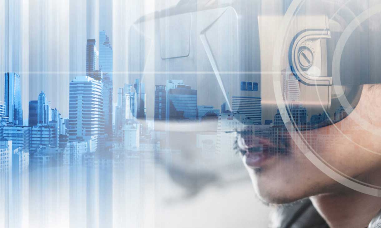 Stock photo of man wearing VR headset and CGI city scape