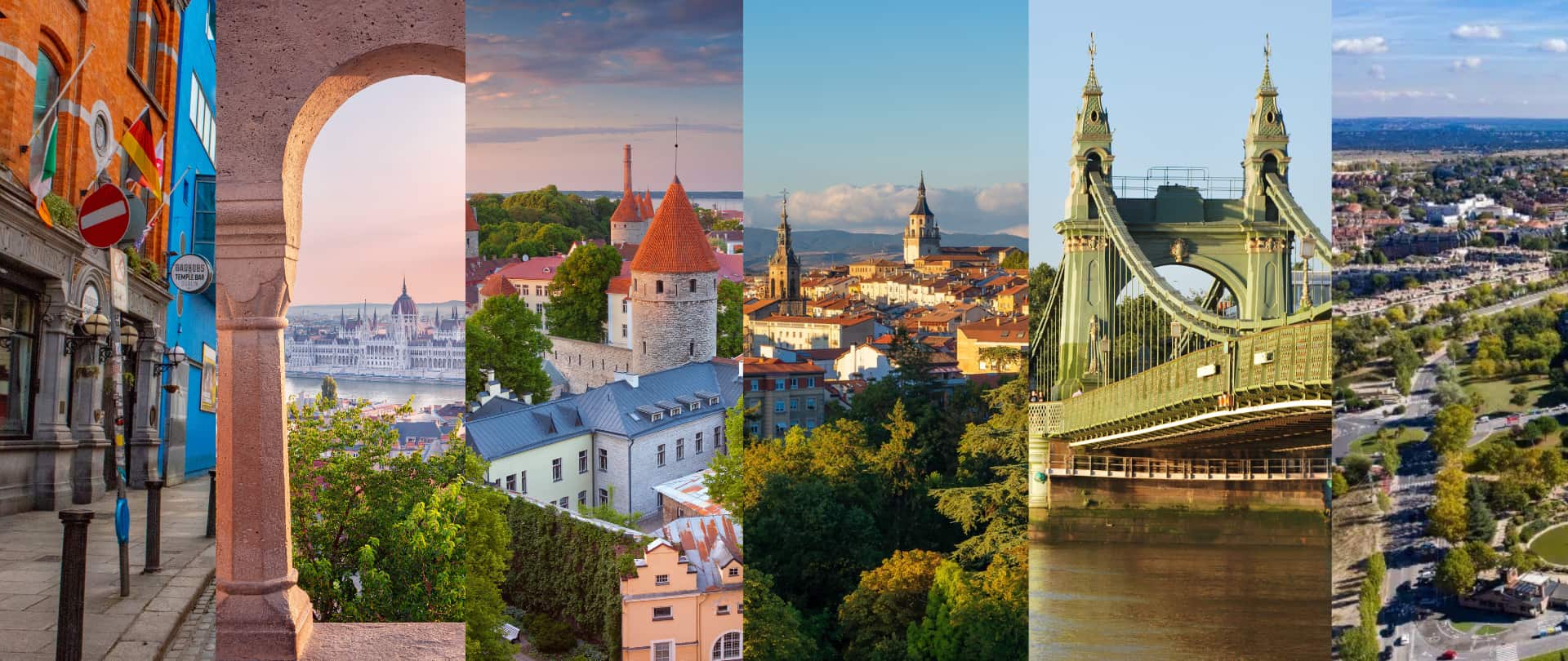 the illustration images of six cities: dublin, budapest, london, Vitoria-Gasteiz, Tallinn and Las Rozas.