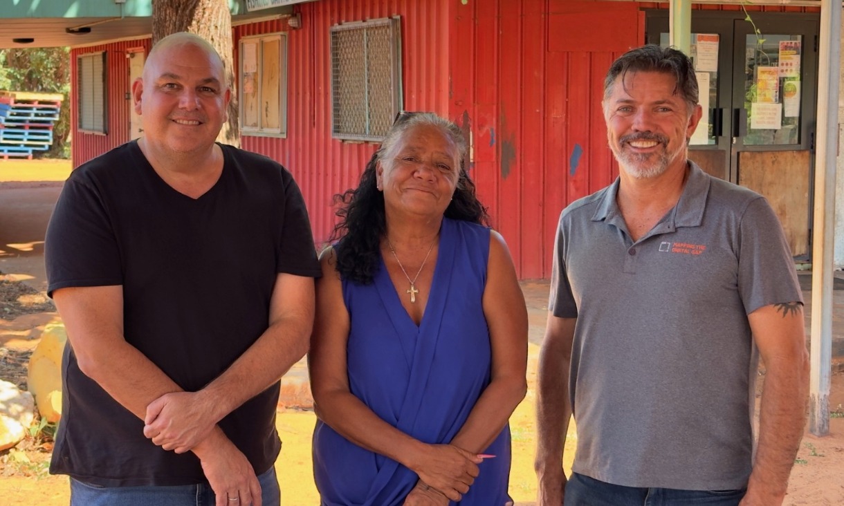 Researchers Lyndon Ormond-Parker, Audrey Shadforth and Daniel Featherstone in Djarindjin community.