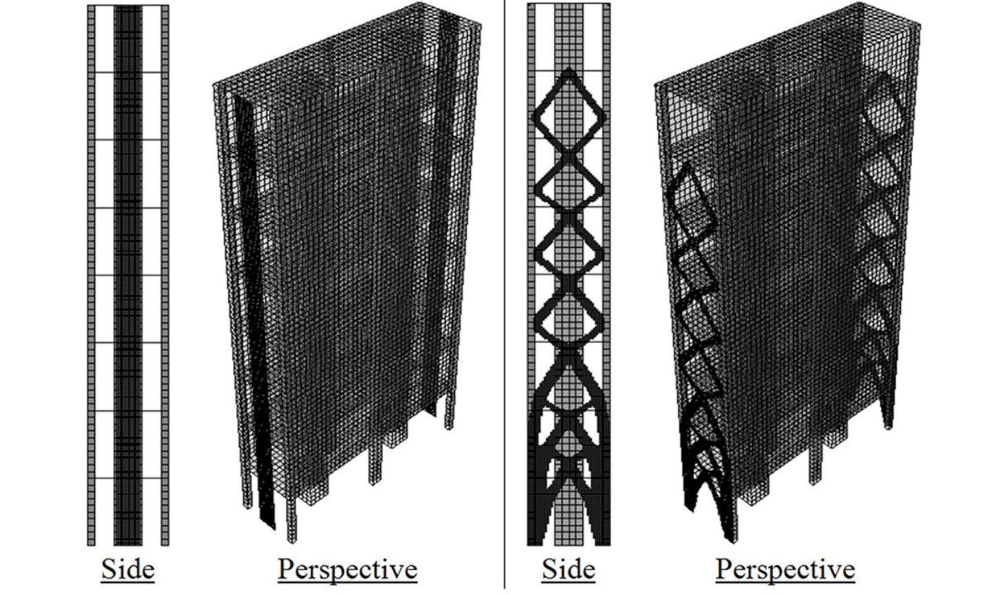 Image of bracing systems for high-rise buildings. Conventional shear wall design (left) compared to an optimal bracing system obtained from BESO (right).